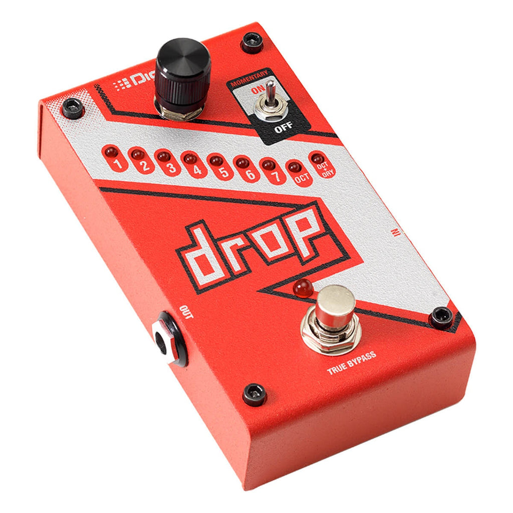 DigiTech Drop3 polyphonic drop tune pitch-shift effects pedal with control knobs and input/output jacks on a black pedalboard.