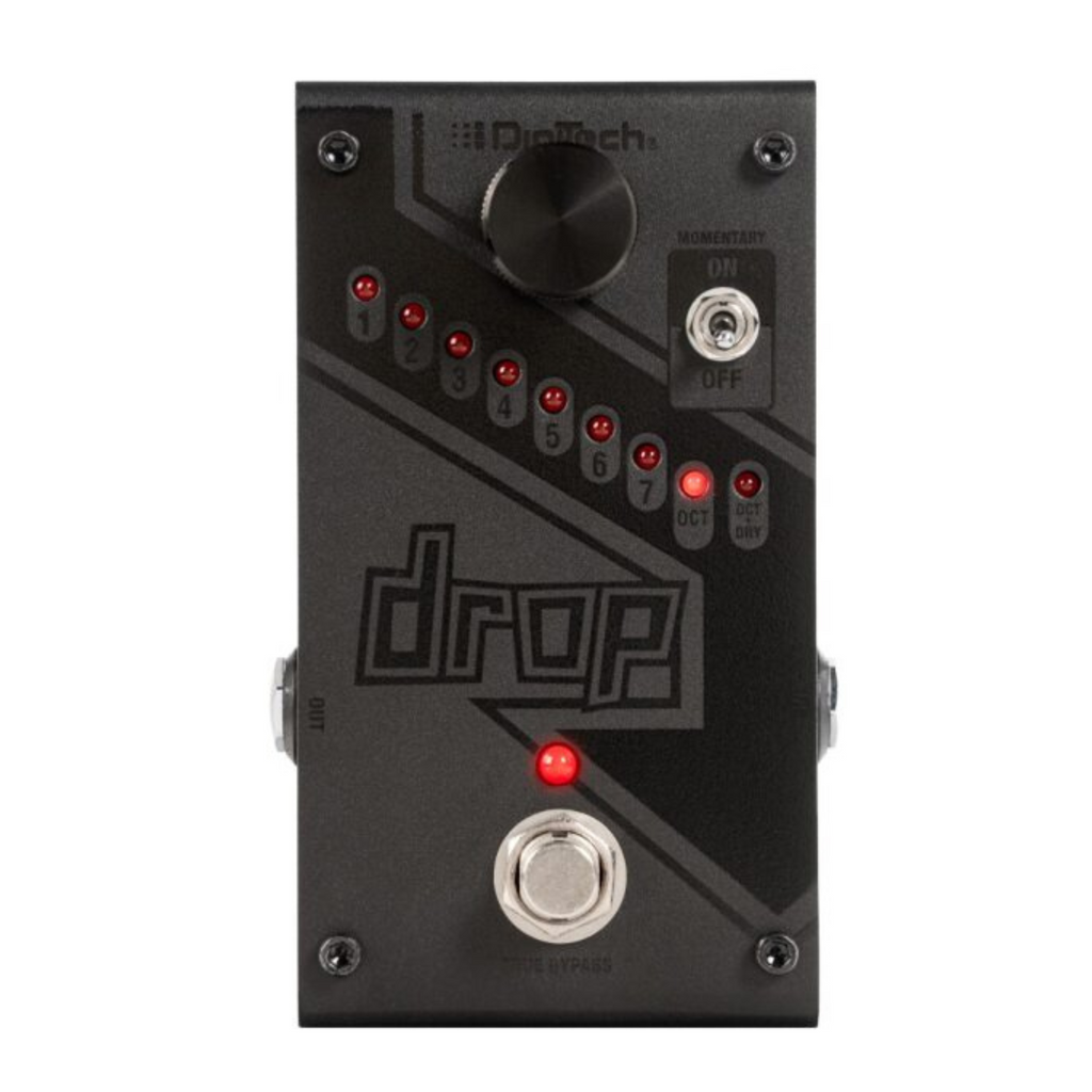 Black DigiTech Drop polyphonic drop tune pitch-shift effects pedal with footswitch and control knobs for guitar sound modulation.