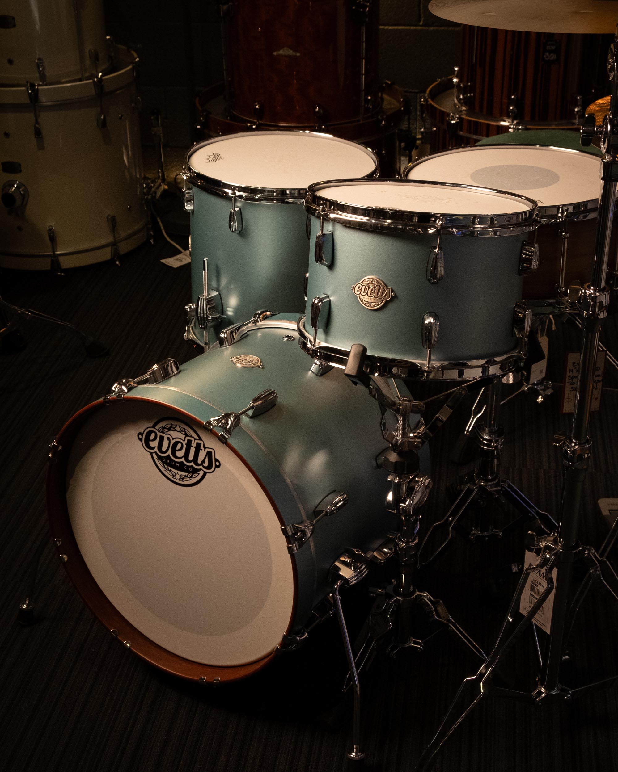 Evetts Jarrah 12x8, 14x14, 18x14 Bop Drum Kit in Matte Ocean Mist Metallic