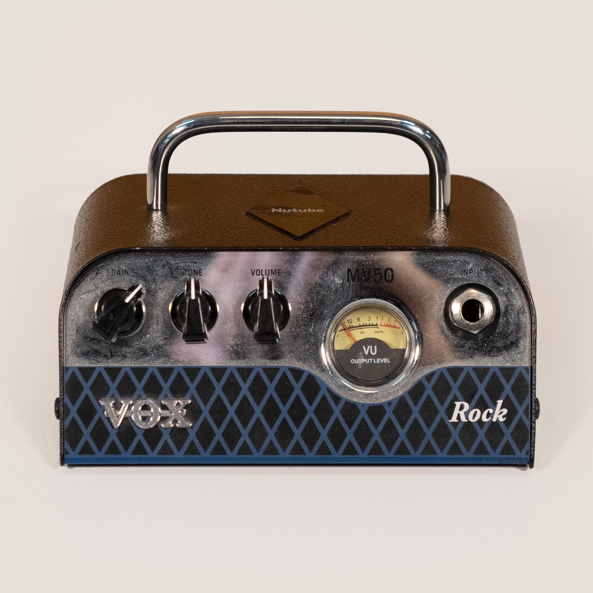 Vox MV50 Rock Head 50w nano tube guitar amplifier head, compact and modern with control knobs and input jacks.
