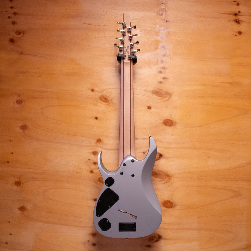 Ibanez RGD Axe DesignLab RGDMS8 8-string electric guitar in classic silver matte, showing the multi-scale body and sleek design.