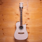 Preloved Daion hybrid electric acoustic guitar, Japanese-made, showing the body, strings, and wood finish of the guitar.