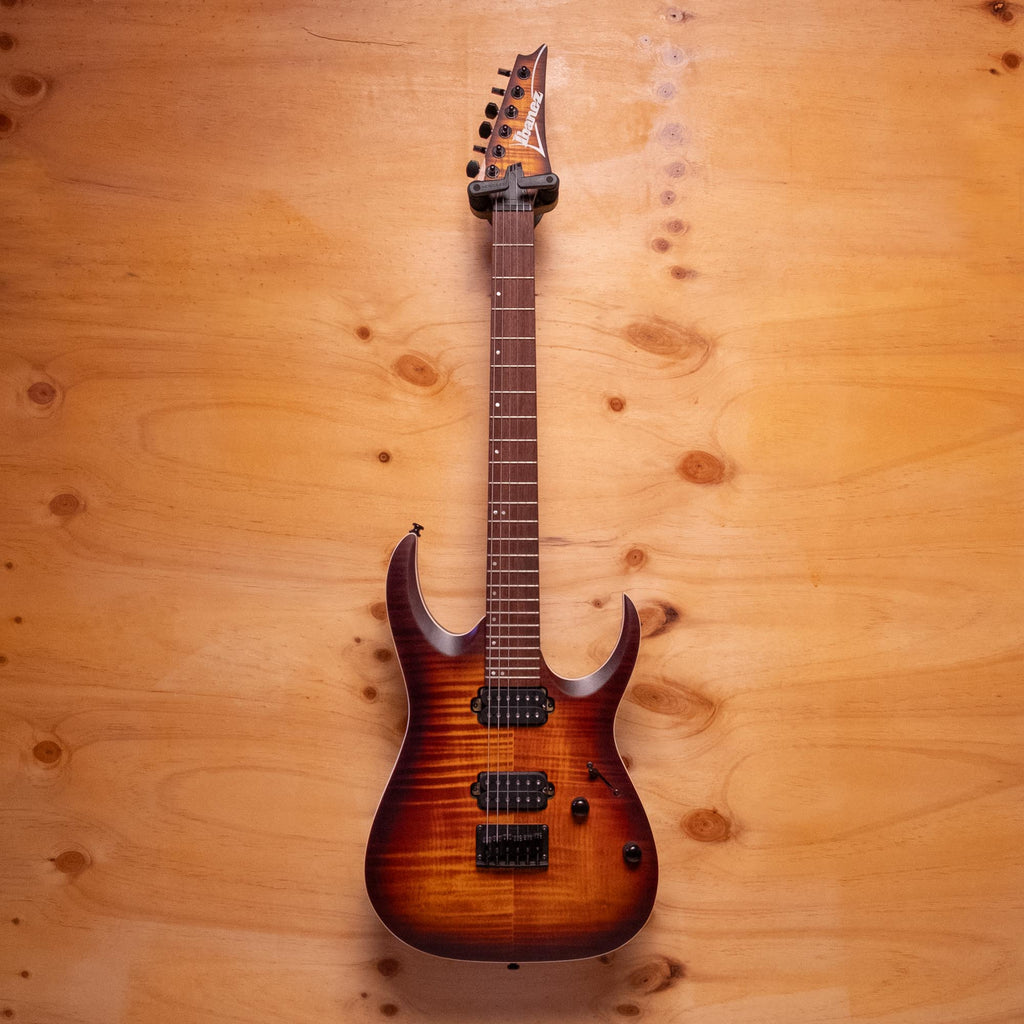 Ibanez RGA42FM electric guitar with a sunburst finish, featuring a sleek body, six strings, and chrome tuning pegs.