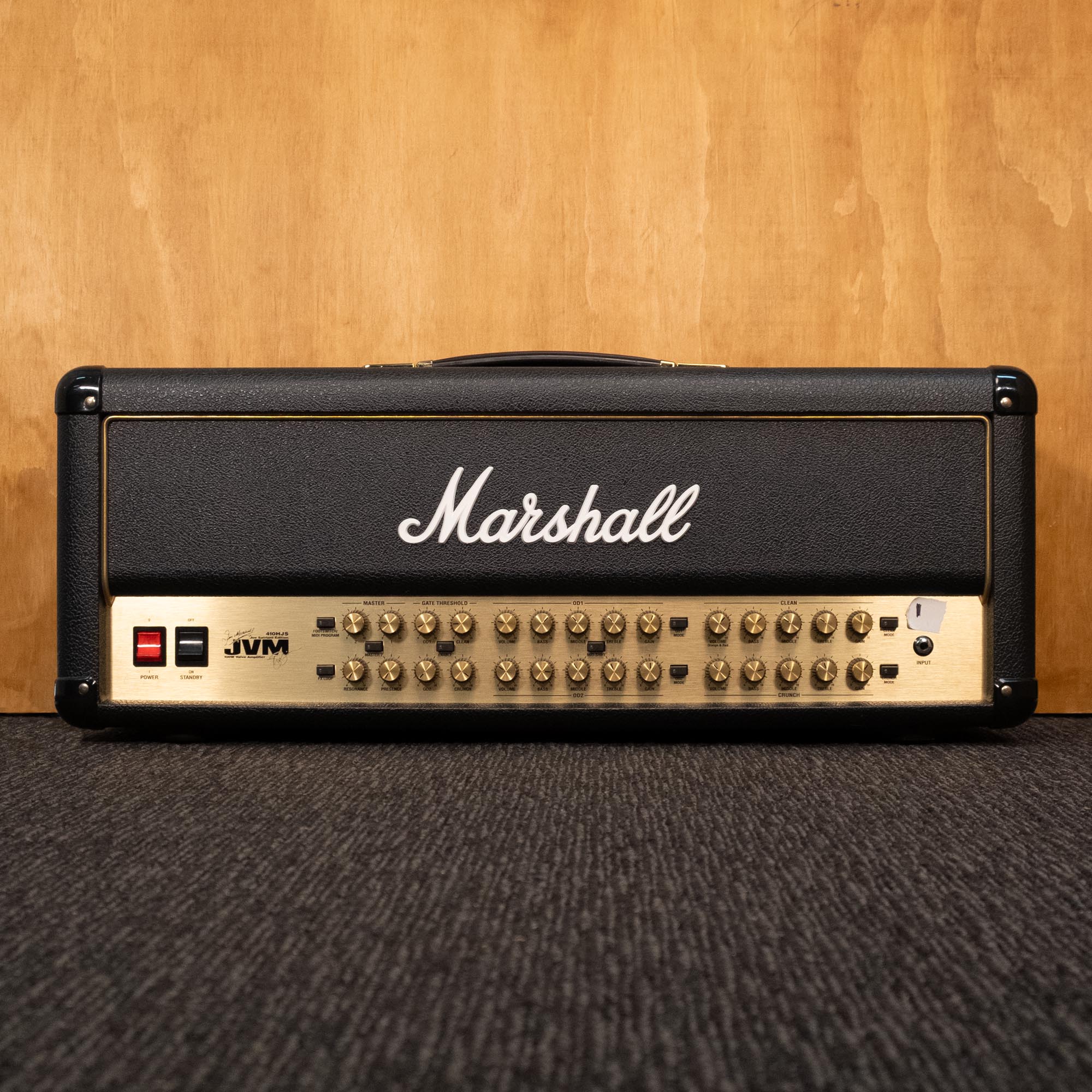 Marshall JVM410H Joe Satriani Edition 100w guitar amplifier with control knobs and brand logo visible.