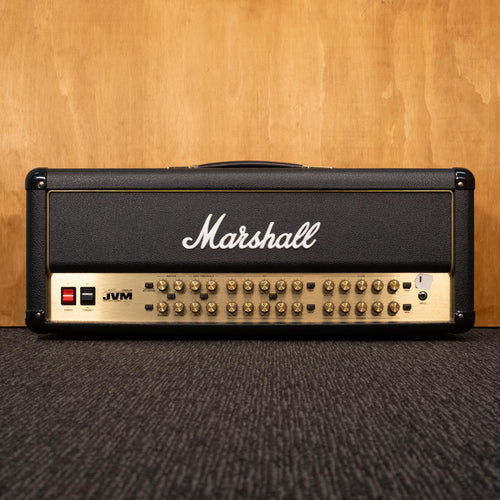 Marshall JVM410H Joe Satriani Edition 100w guitar amplifier with control knobs and brand logo visible.