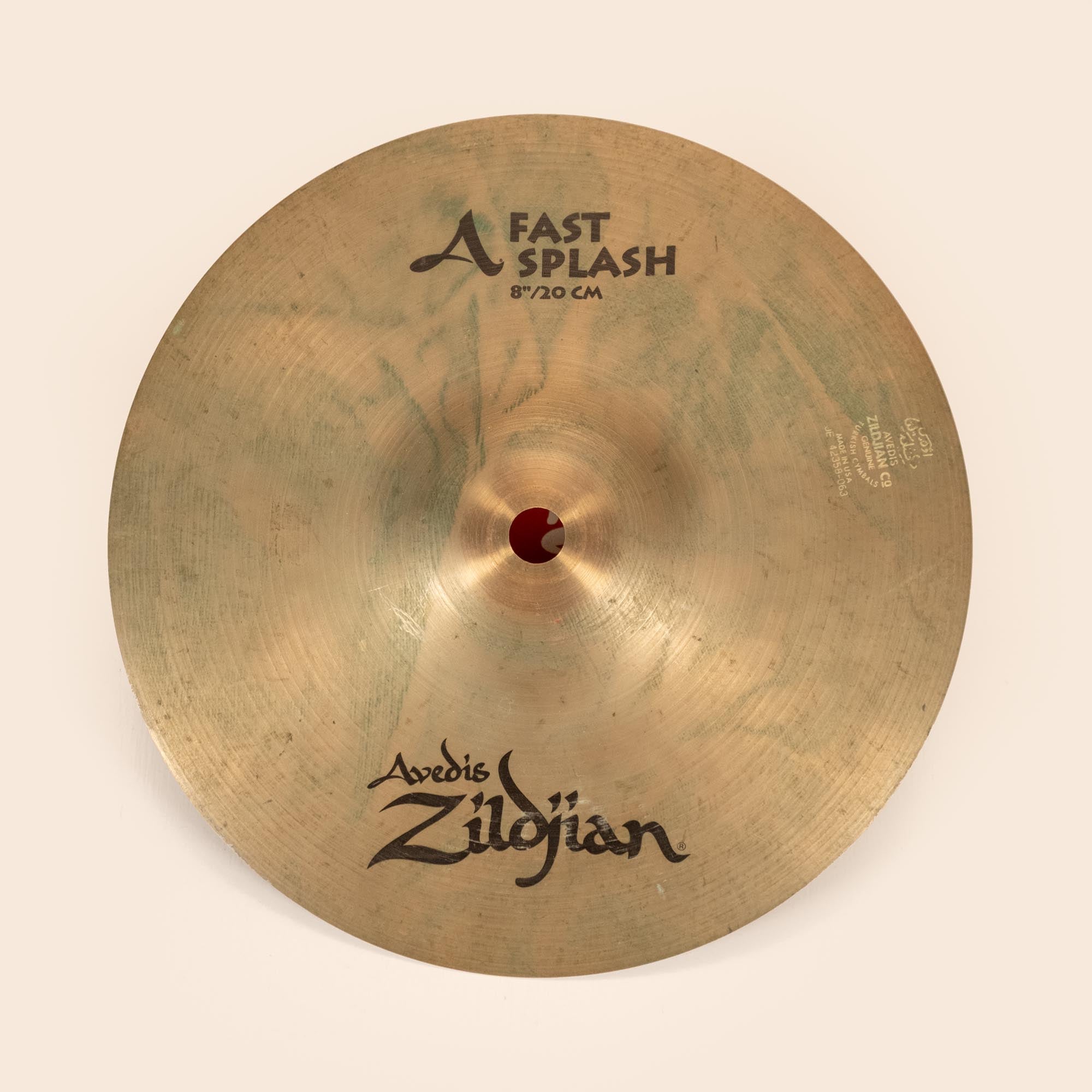 Preloved Zildjian 8-inch A Fast Splash cymbal, single cymbal with shiny bronze finish and detailed branding, mounted on cymbal stand