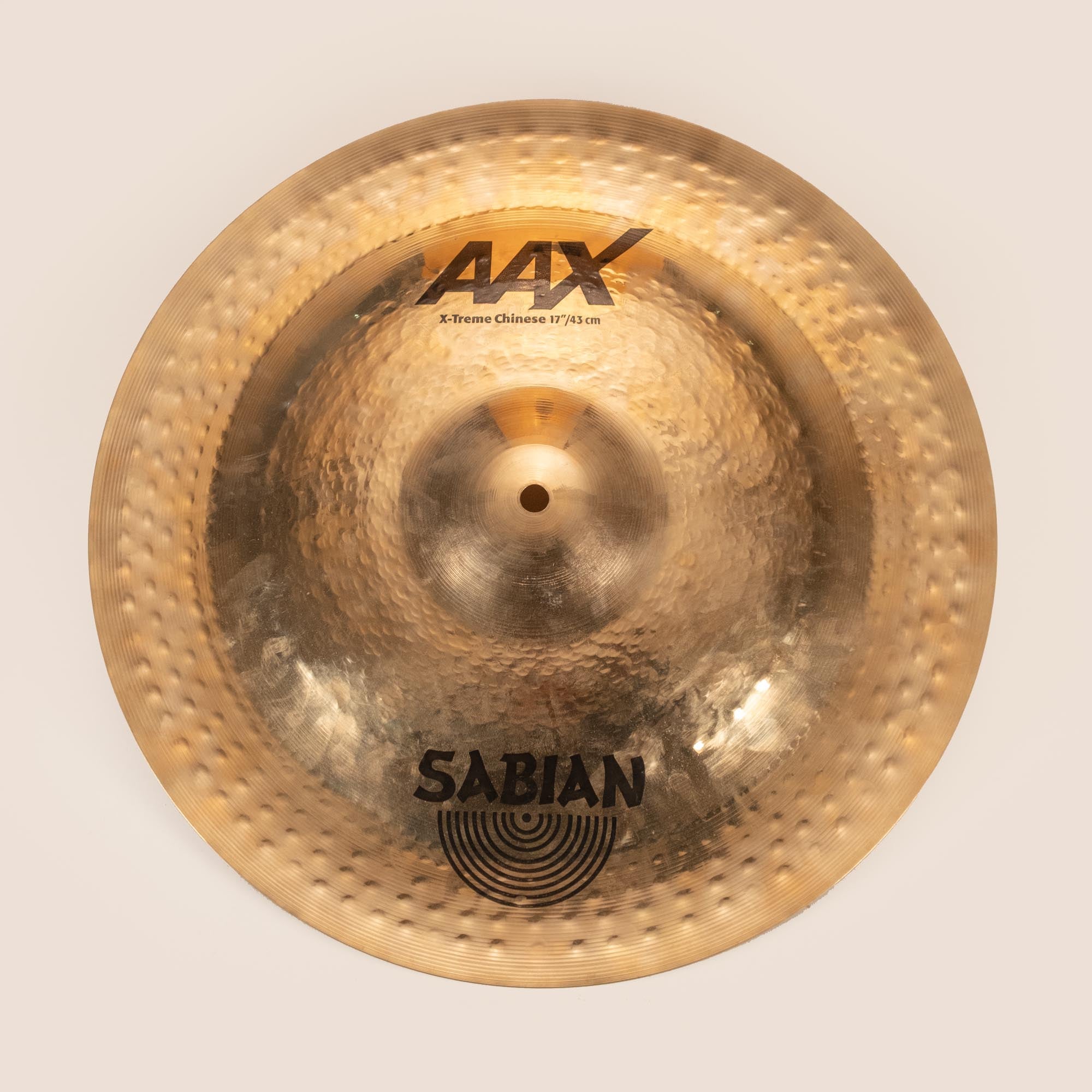 Preloved Sabian 17-inch AAX X-TREME Chinese cymbal, single percussion instrument with detailed surface and branding markings.
