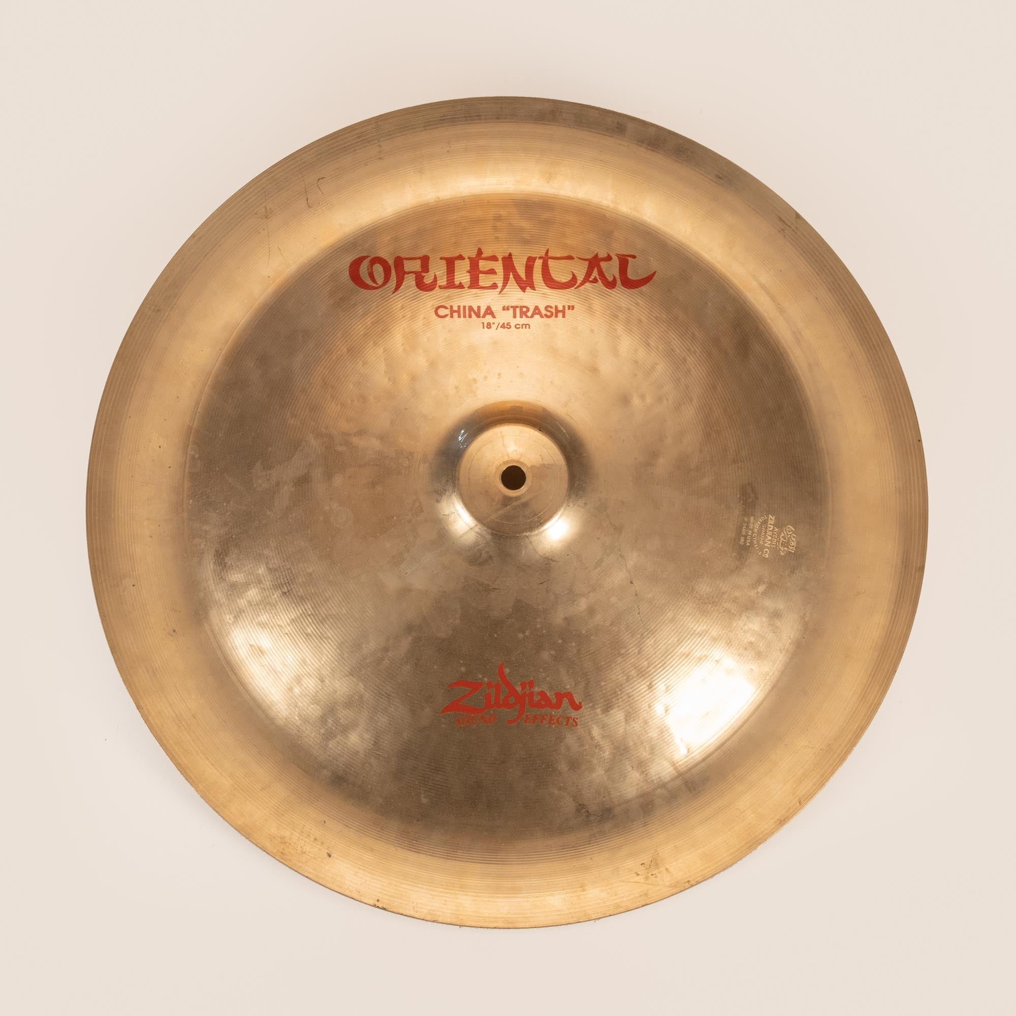 Preloved Zildjian 18-inch Oriental China Trash Cymbal, single cymbal with intricate surface design and aged patina.