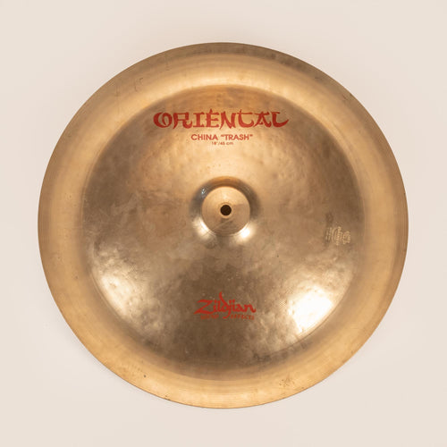 Preloved Zildjian 18-inch Oriental China Trash Cymbal, single cymbal with intricate surface design and aged patina.