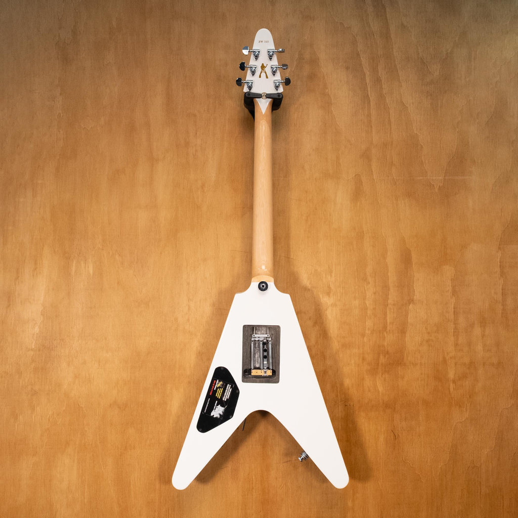 Preloved Gibson Copy Bullseye Flying V electric guitar, black and white design, body, neck, and headstock visible in the image.