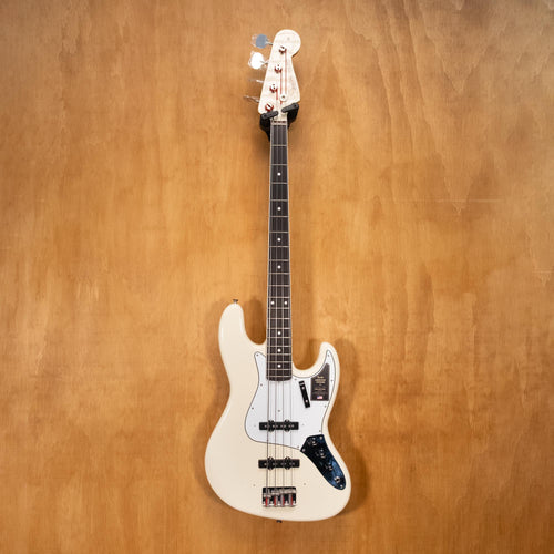 Fender American Vint II 1966 Jazz Bass in Olympic White, preowned, showing the front view with vintage styling and classic design.