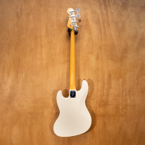 Fender American Vint II 1966 Jazz Bass guitar in Olympic White, showcasing the body and neck details of this preowned bass guitar.
