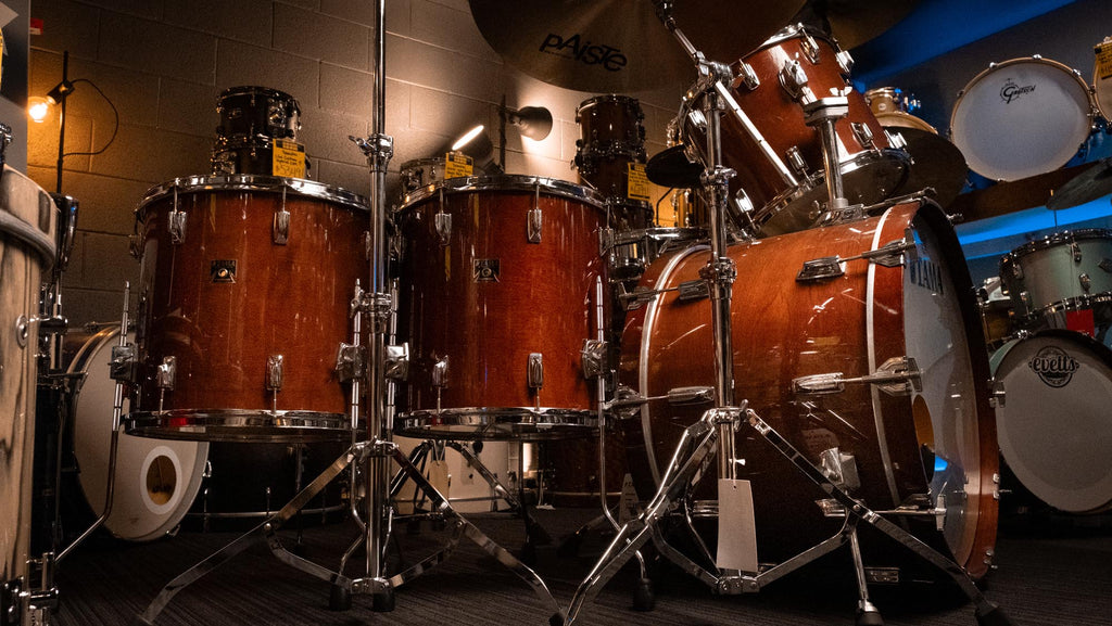 Preloved Tama Japan '80s Superstar 4-piece drum kit with 24, 14, 16, 18-inch drums, featuring wood shells and chrome hardware.