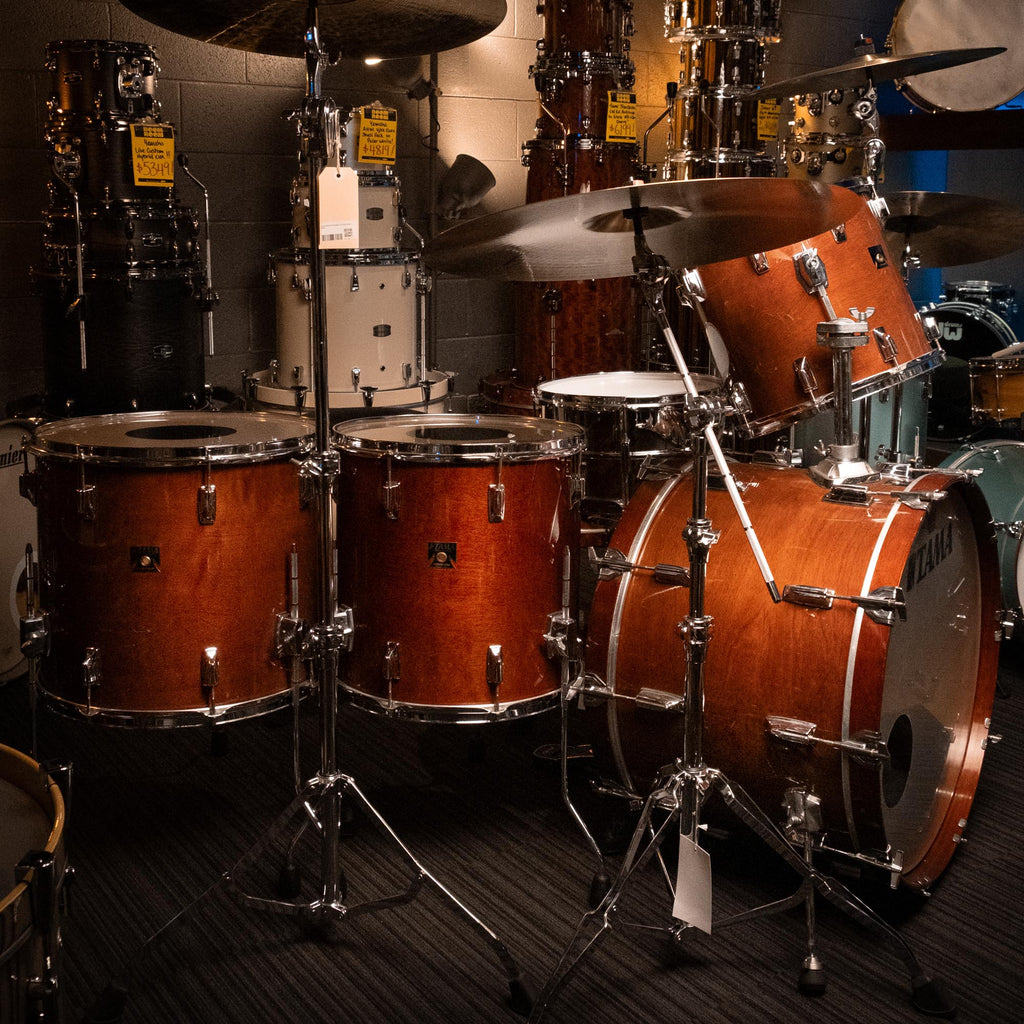 Preloved Tama Japan '80s Superstar 4-piece drum kit with 24, 14, 16, and 18-inch drums, featuring wooden shells and chrome hardware.