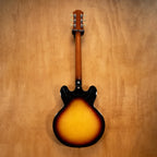 Preloved Epiphone Inspired By Gibson ES-335 vintage burst electric guitar with double cutaway body and sunburst finish.