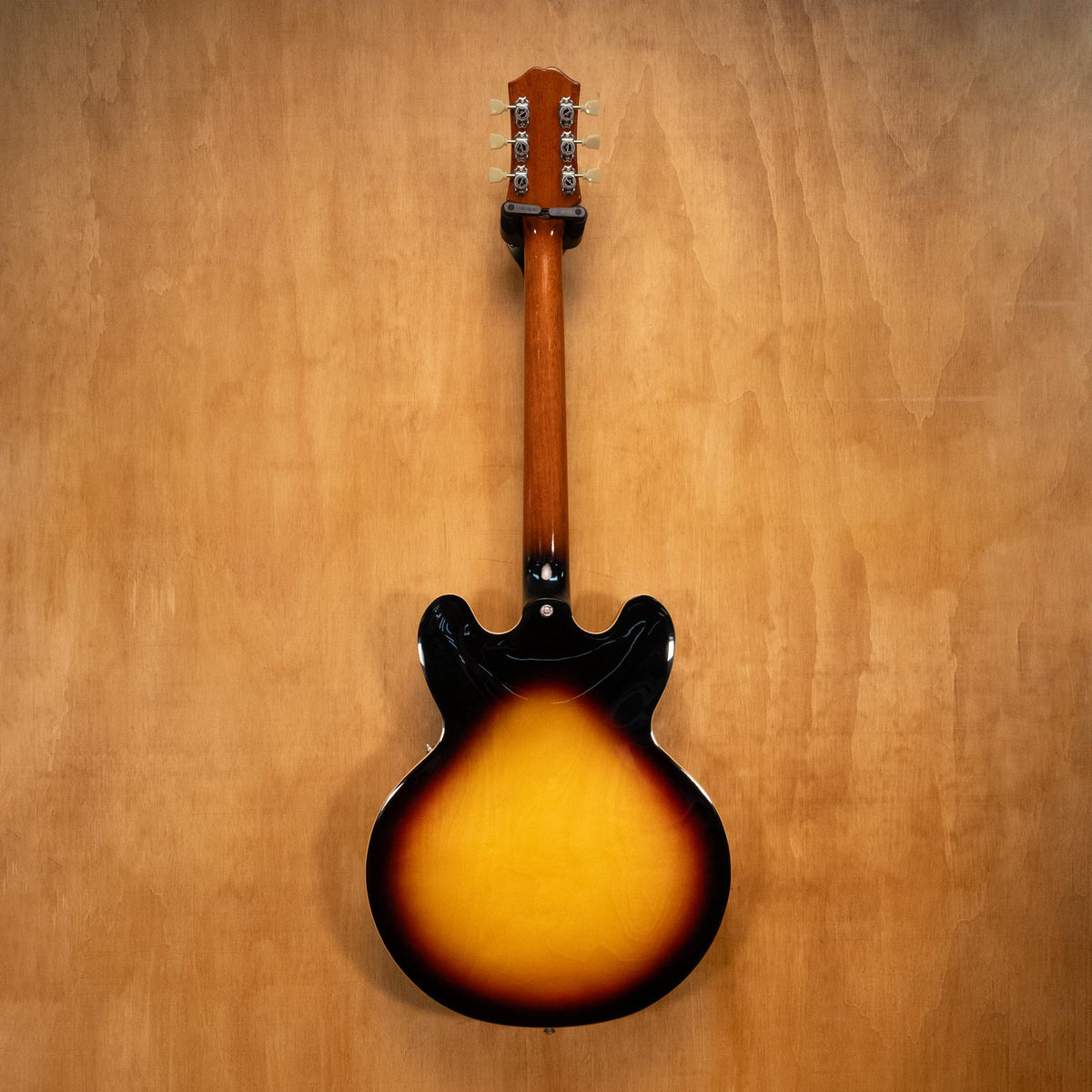 Preloved Epiphone Inspired By Gibson ES-335 vintage burst electric guitar with double cutaway body and sunburst finish.