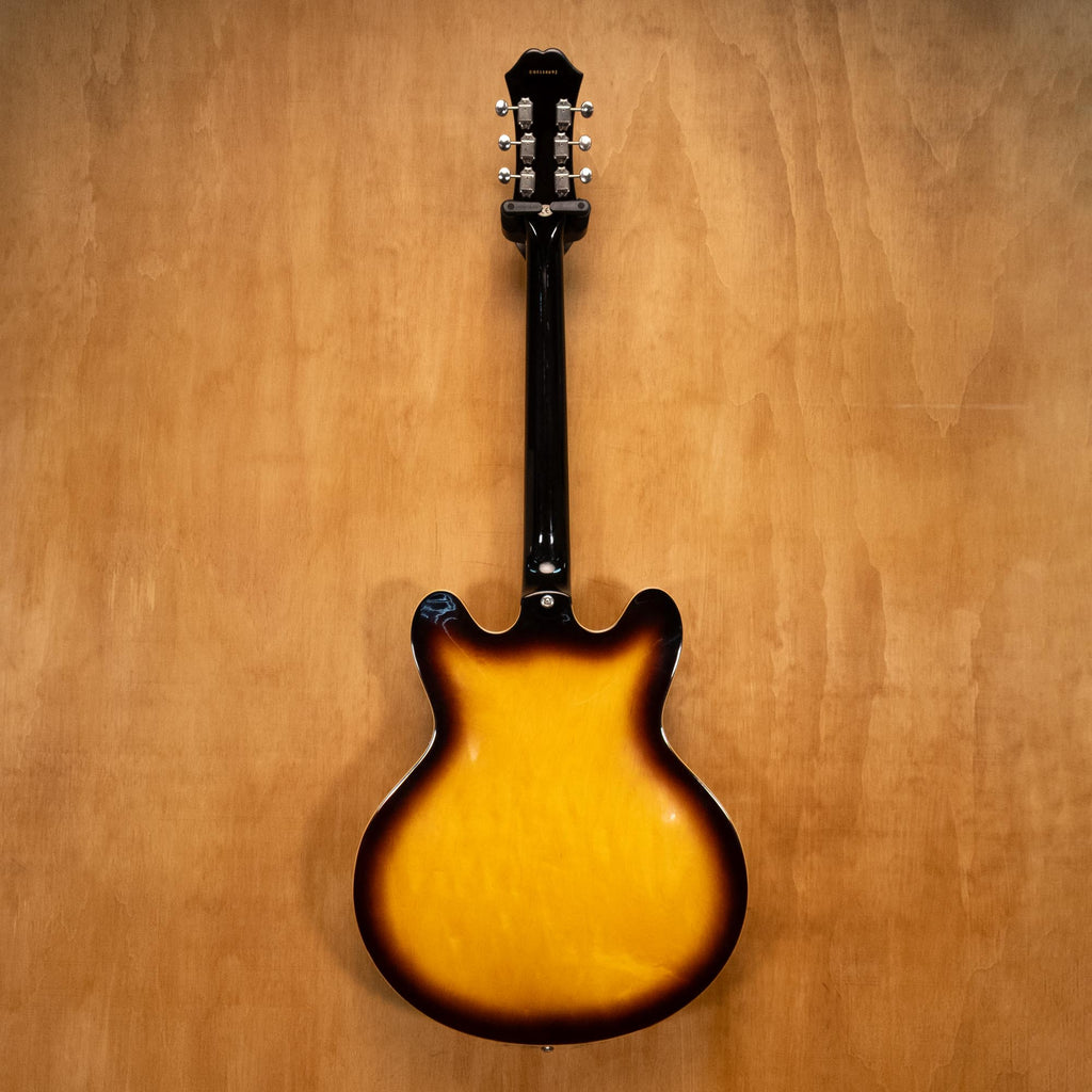 Epiphone Casino electric guitar made in Korea, 2005, with sunburst finish and dual humbuckers, shown in a close-up shot.