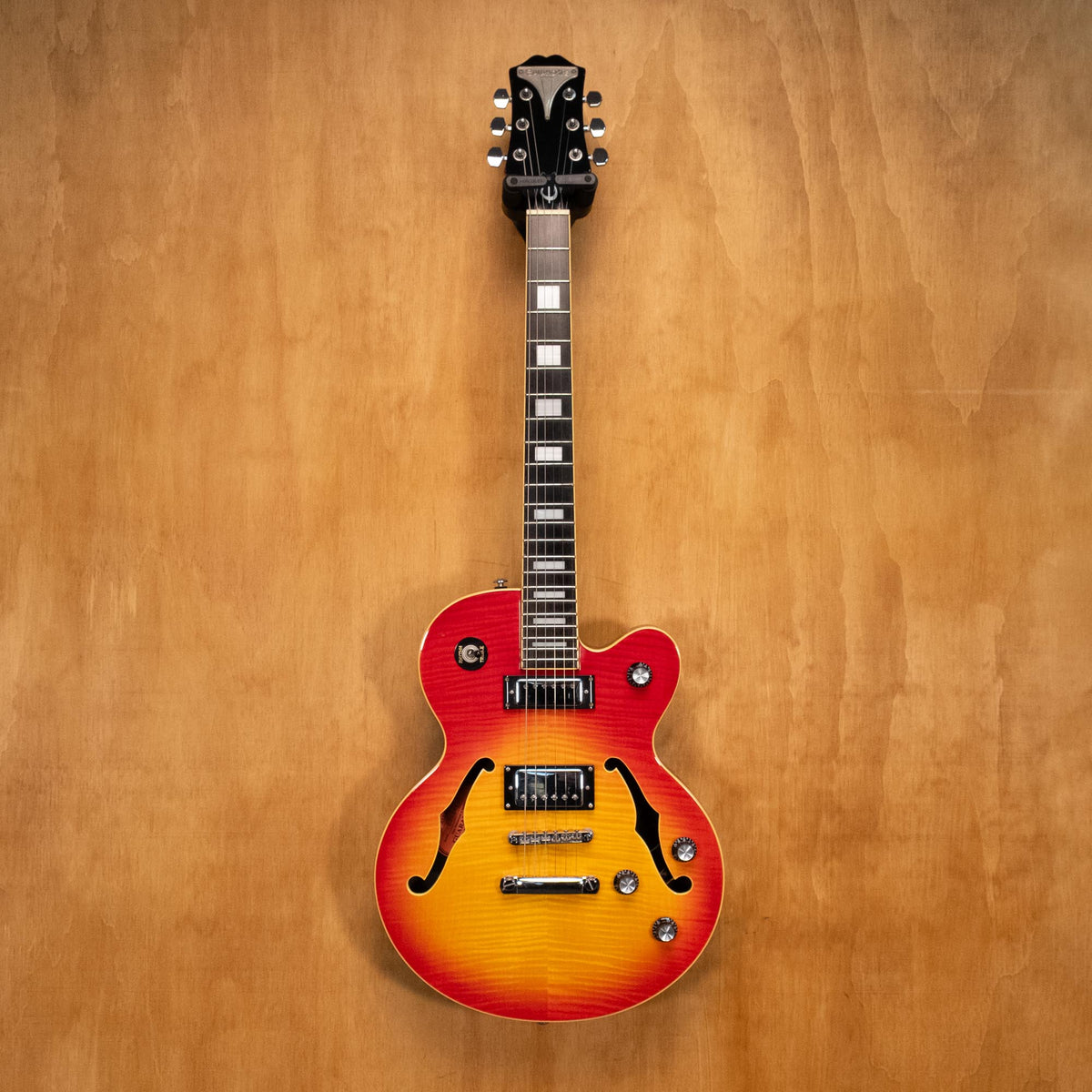 Preloved Epiphone Alleykat electric guitar with vibrant finish, solid body, and vintage-style pickups, made in Korea.