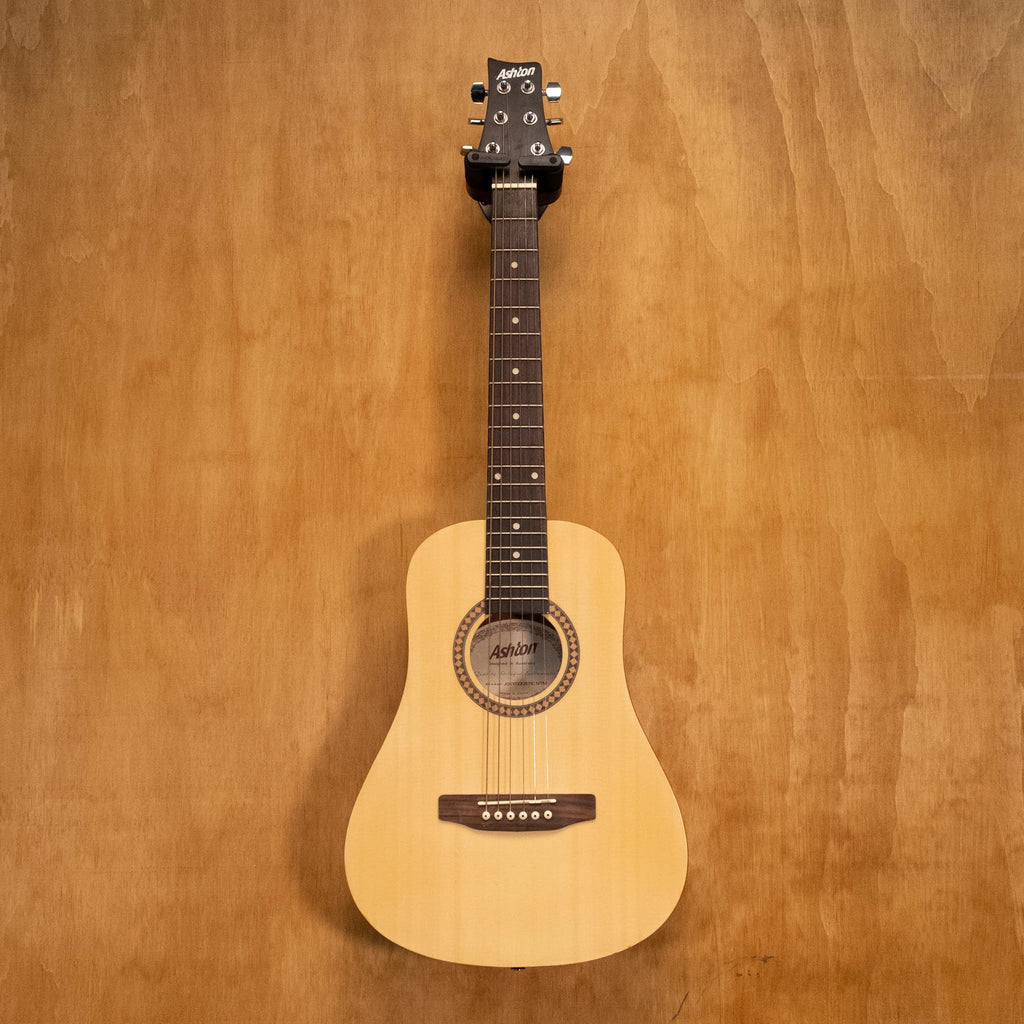 Preloved Ashton Joeycoustic AA08 acoustic guitar with natural wood finish, close-up of the body and soundhole.