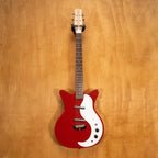 Danelectro Stock '59 electric guitar in red, a vintage-style electric guitar with a sleek finish and classic design.