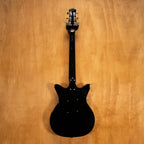 Danelectro '59M NOS electric guitar in black with glossy finish, solid body, and vintage design, shown from front angle.