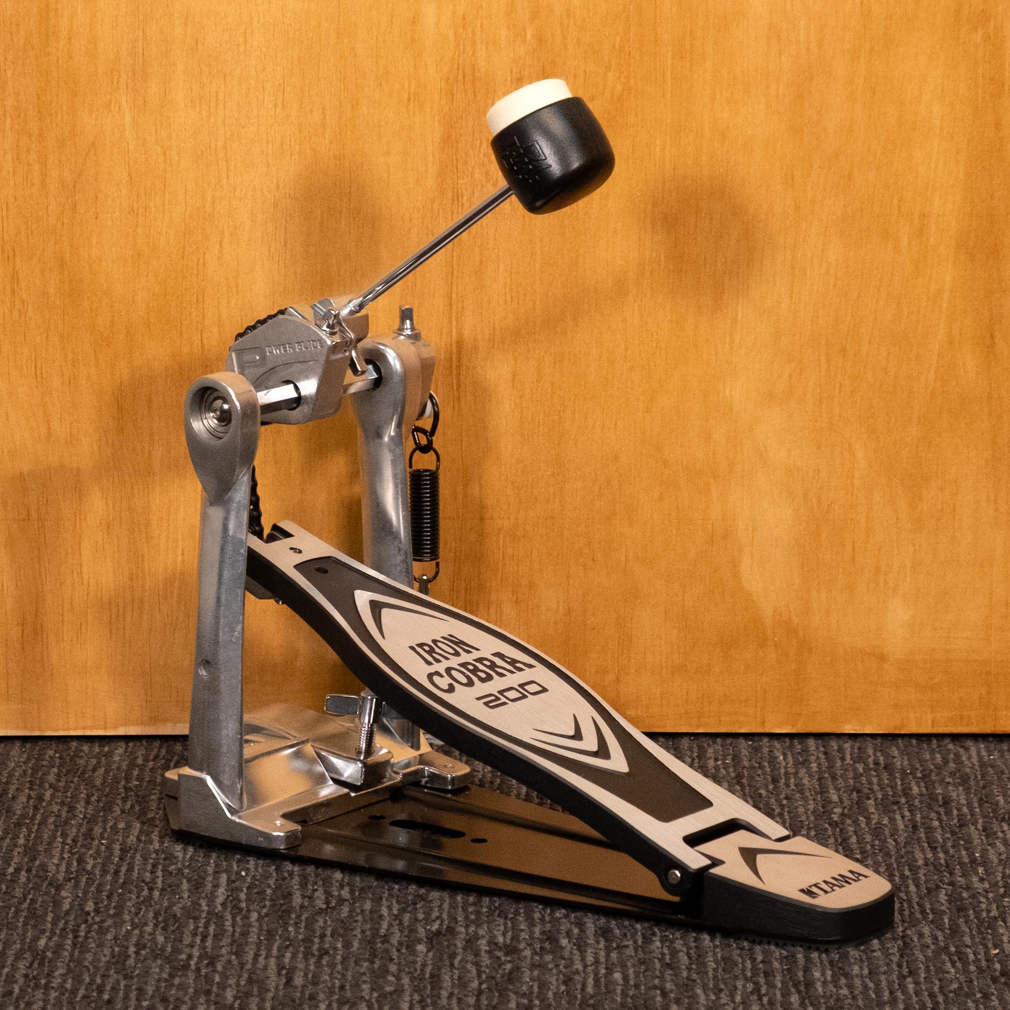 Preloved Tama HP200P kick drum pedal showing metal footplate and chain drive mechanism for drum hardware.