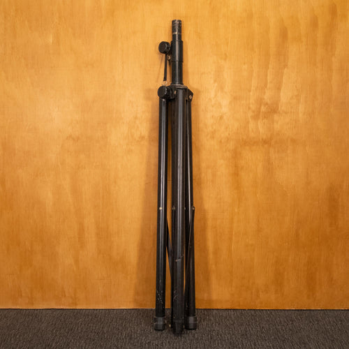 Black speaker stand with adjustable height and sturdy base, designed to hold and elevate speakers securely.