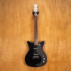 Danelectro '59 Blackout Black Metal Flake electric guitar with a sleek black finish and metallic flake detail, close-up view.