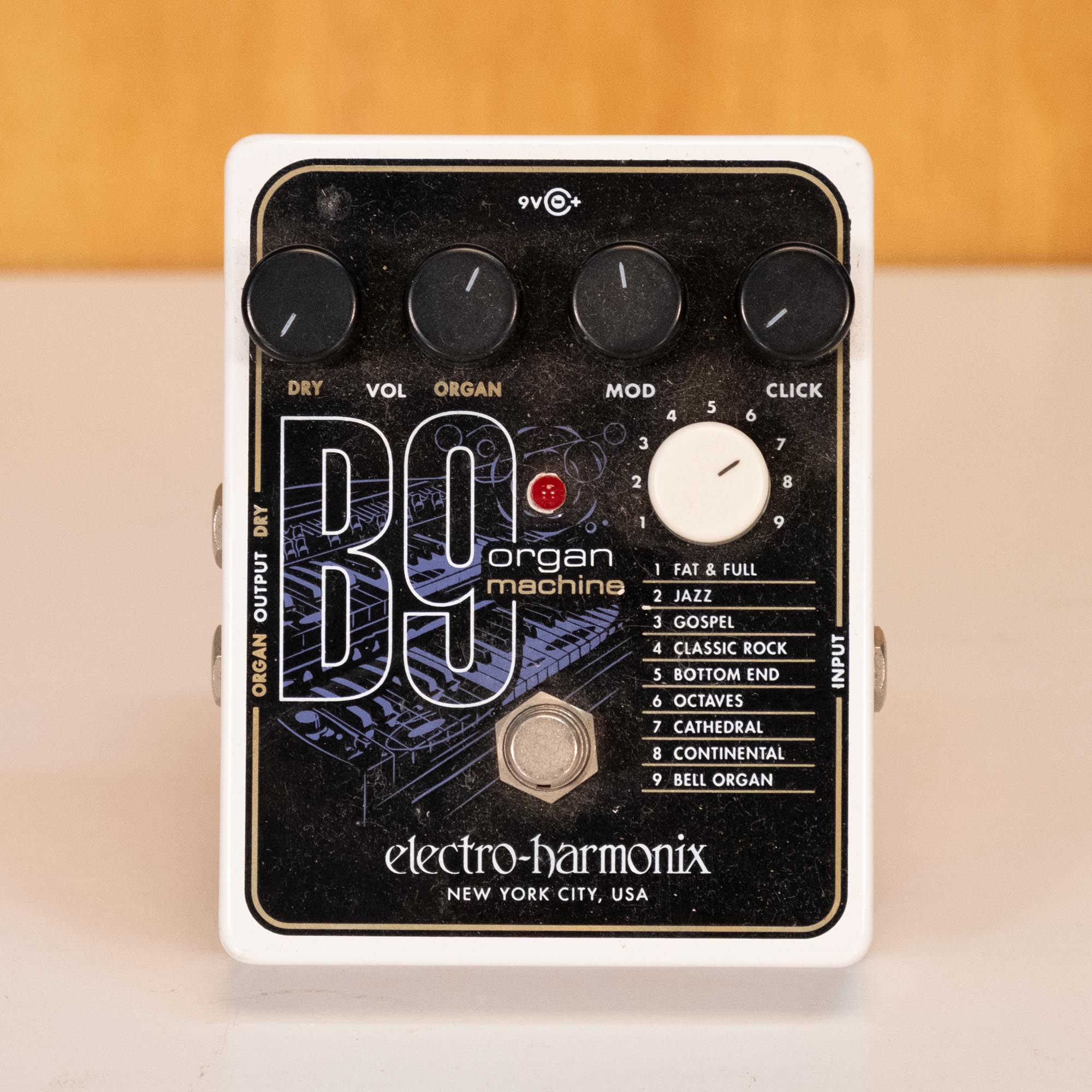 Electro-Harmonix B9 Organ Machine guitar effects pedal with controls and input jacks, shown on a white background.