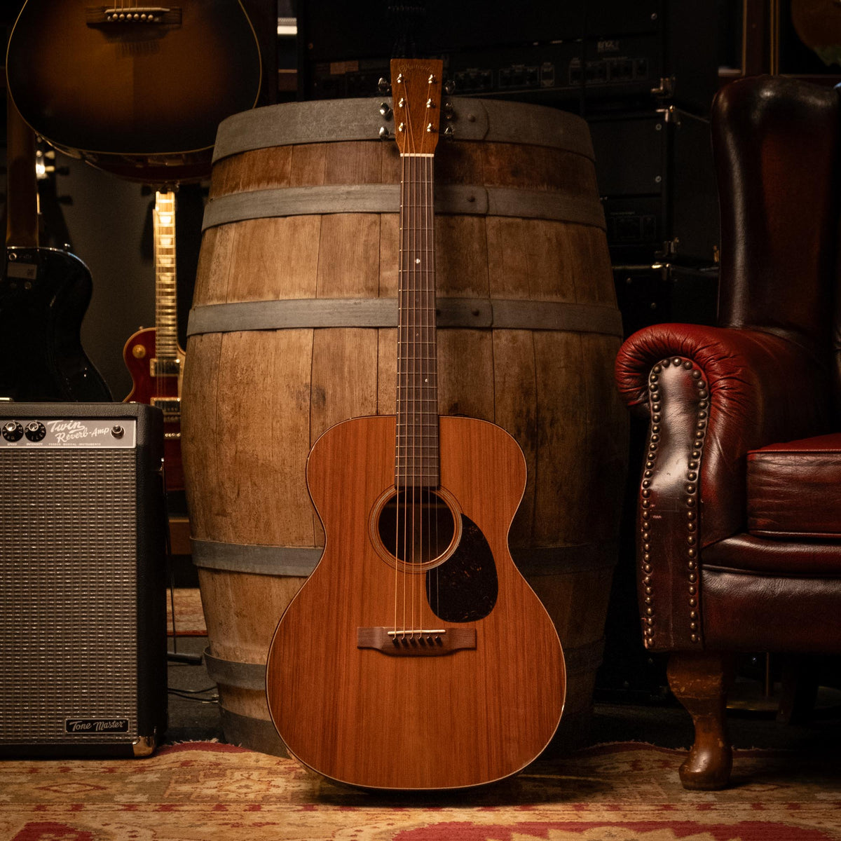 Martin Custom Shop OM-14 acoustic guitar with Sinker Redwood top and Jaguar Claw Mahogany back and sides, featuring Guatemalan wood accents.