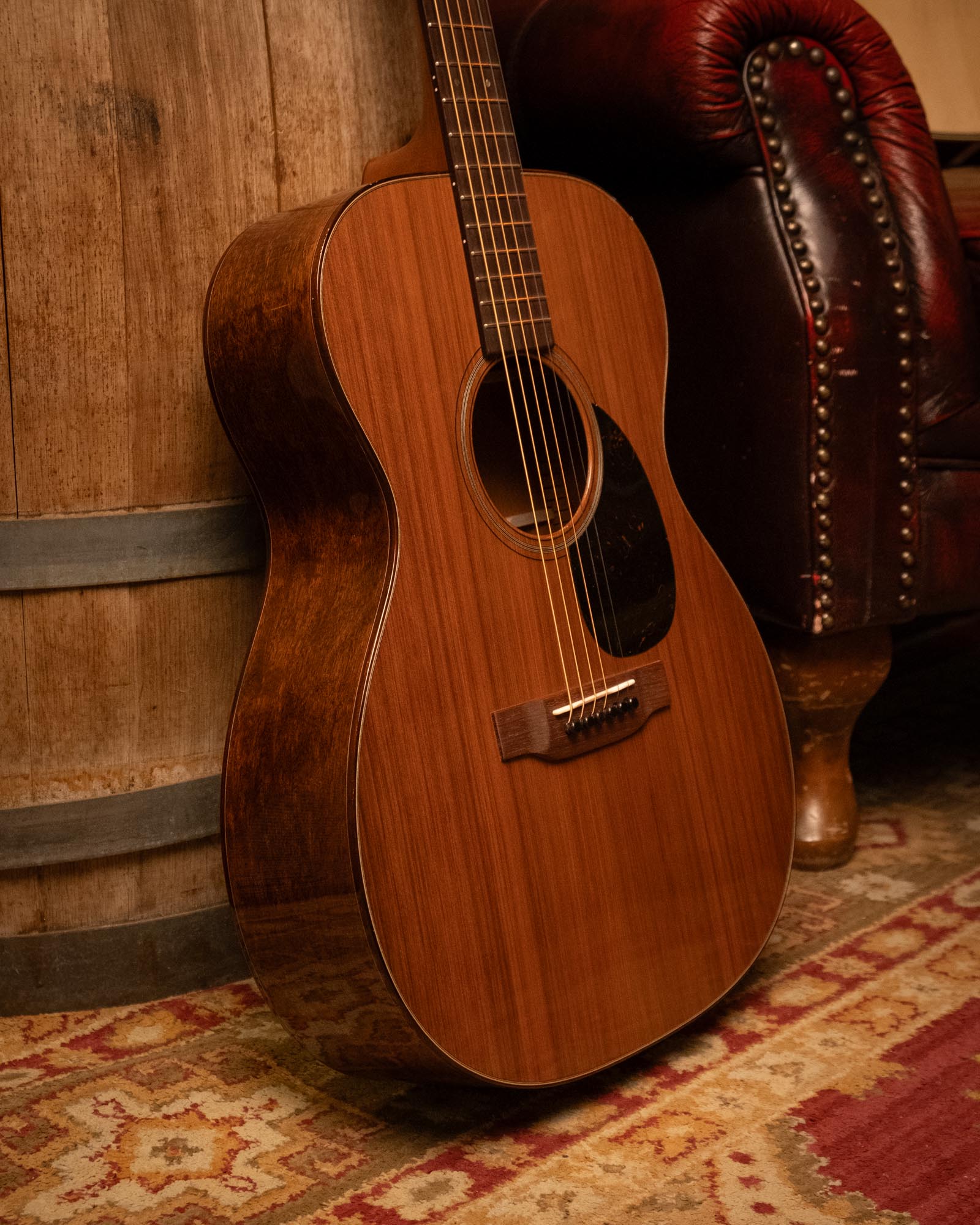 Martin Custom Shop OM-14 acoustic guitar with Sinker Redwood top and Jaguar Claw Mahogany back and sides, featuring Guatemalan wood accents.