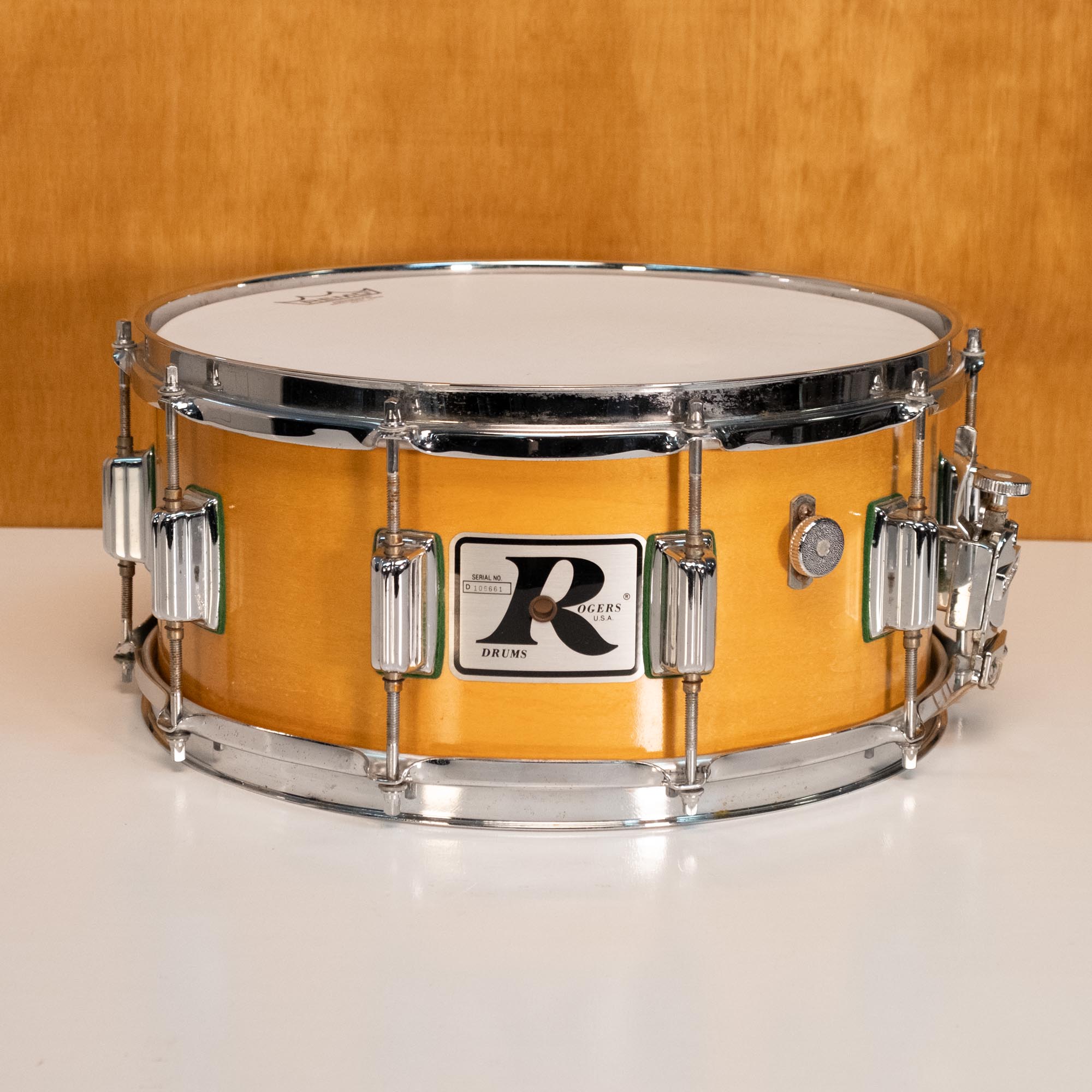 Rogers Superten XP-10 14x6.5 maple shell snare drum, preowned, with chrome hardware and drum heads visible.