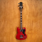 Epiphone EB-3 SG bass guitar in cherry finish, showing the solid body and neck with four strings and vintage-style pickups.