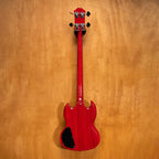 Preloved Epiphone EB-3 SG bass guitar in cherry finish, with four strings and vintage-style controls, displayed on a stand.