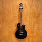 Aria Pro II PE-40 electric guitar in blue burst finish with double-cutaway body and six strings, displayed on a stand.