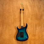 Fernandes FGZ-420 electric guitar MIJ with sunburst finish, close-up of body and pickups, preowned model on a stand.
