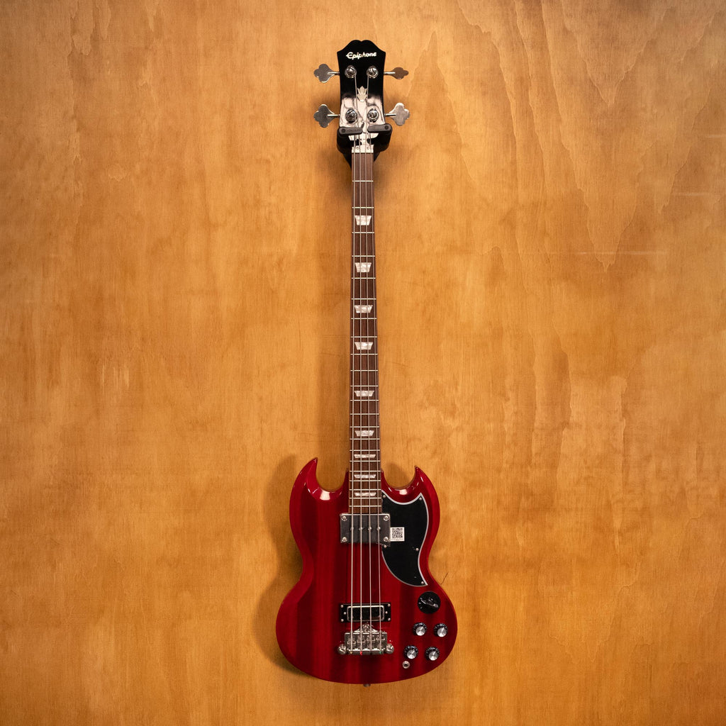 Epiphone SG Bass Guitar EB-3 in cherry finish with two pickups, shown from a front angle, highlighting its classic design and wood grain.