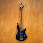Ibanez SR370E bass guitar in blue burst finish, featuring a sleek body, four strings, and modern design.