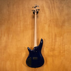 Ibanez SR370E bass guitar in blue burst finish with maple neck and black hardware, shown from a side angle.