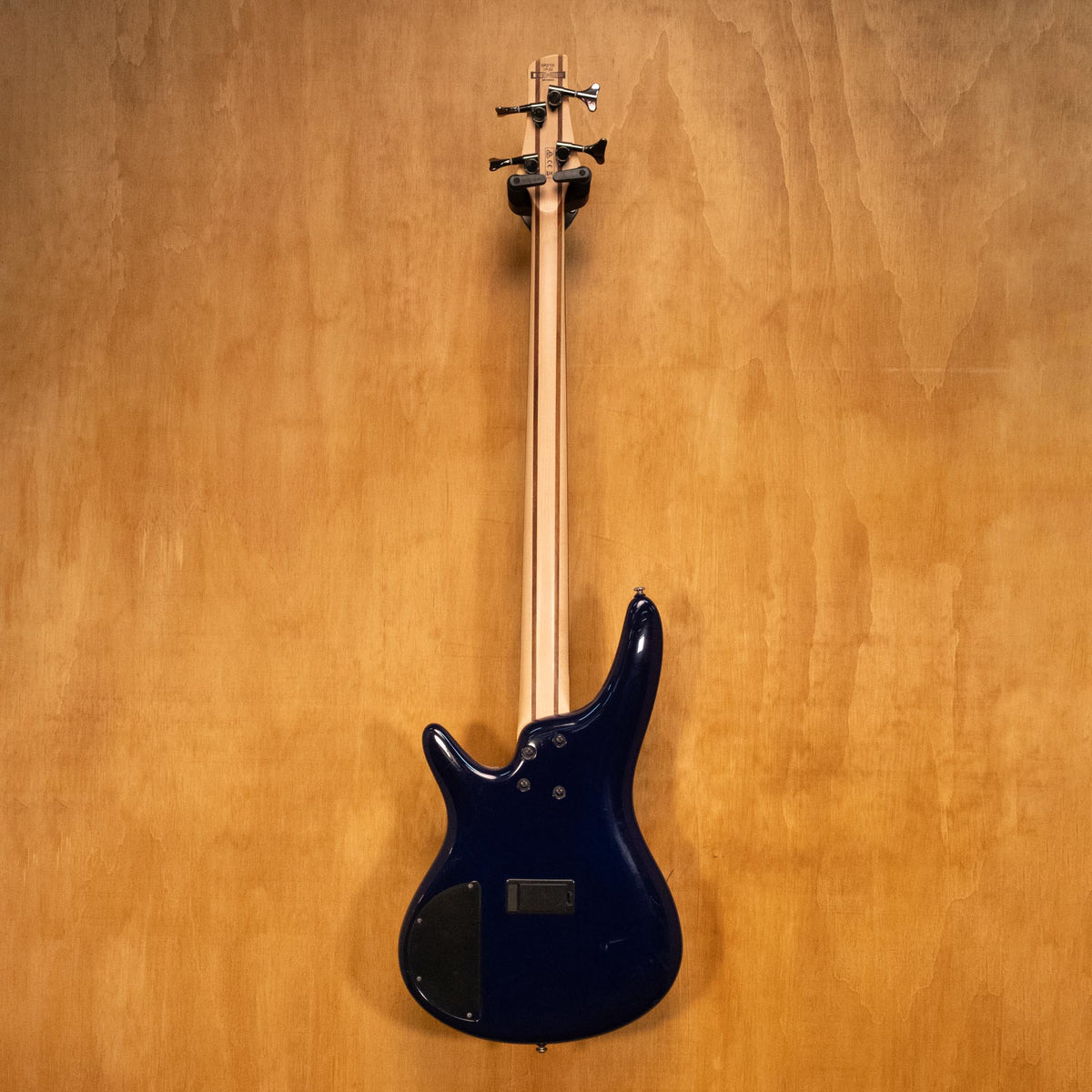 Ibanez SR370E bass guitar in blue burst finish with maple neck and black hardware, shown from a side angle.