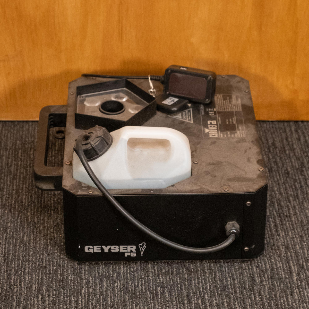 Chauvet DJ Geyser P5 DMX stage lighting fog machine with LED lights, preowned, showing the device and control panel.