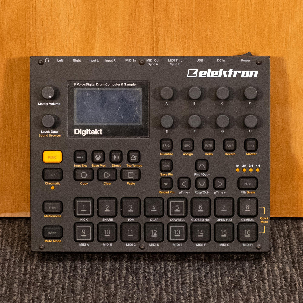 E-Lektron Elektron Digitakt 8-Voice Digital Drum Sampler, preowned, showing various control knobs and sample slots on the device.