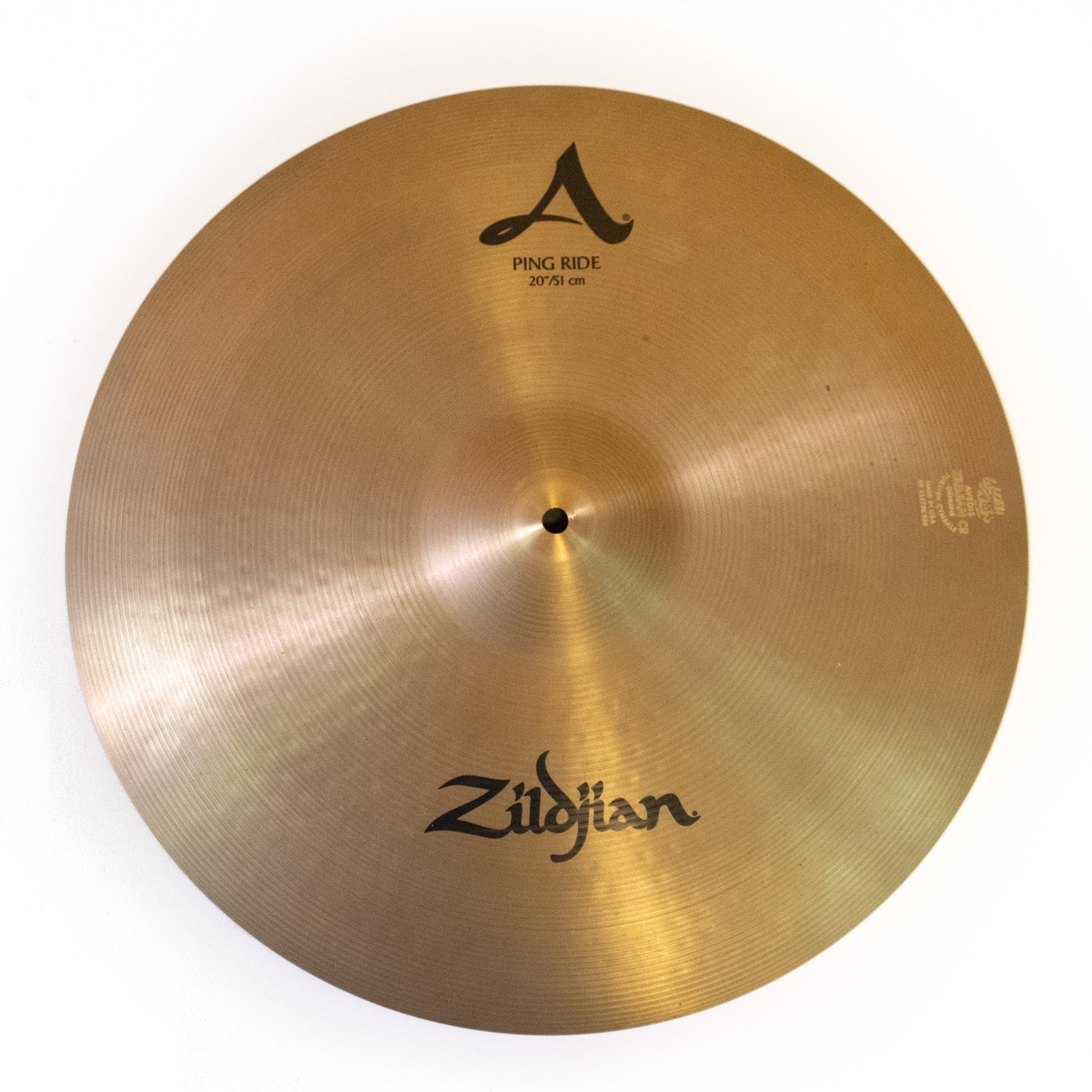 Zildjian A 20 inch Ping Ride Cymbal, gently used, showcasing its shiny surface and defined ping sound.
