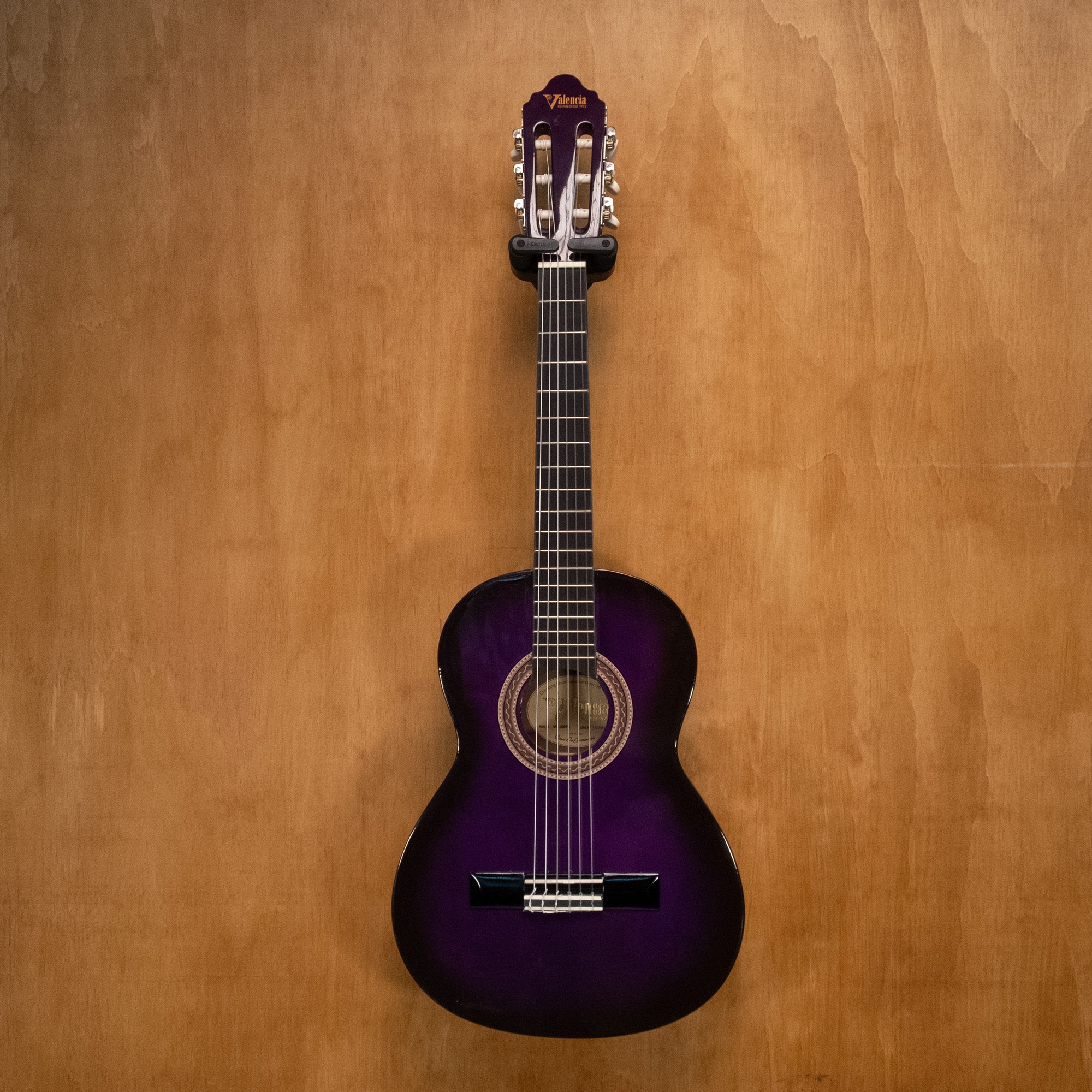 Valencia VC102 1/2 classical guitar in purple sunburst finish, with nylon strings and a glossy wood body.