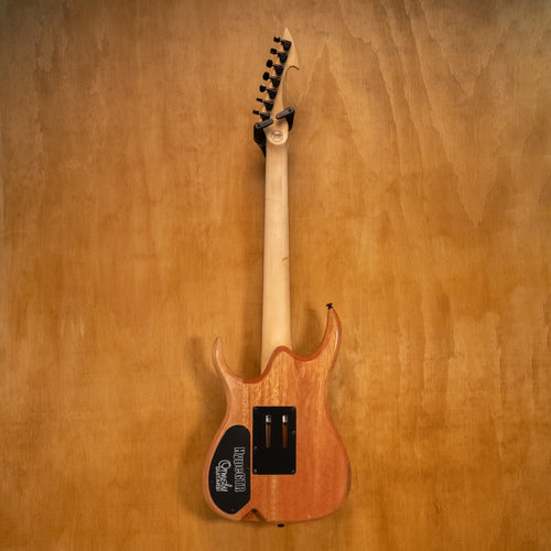 Ormsby Hype Run 18 standard scale 7-string electric guitar in walnut finish, showing the body and neck details.