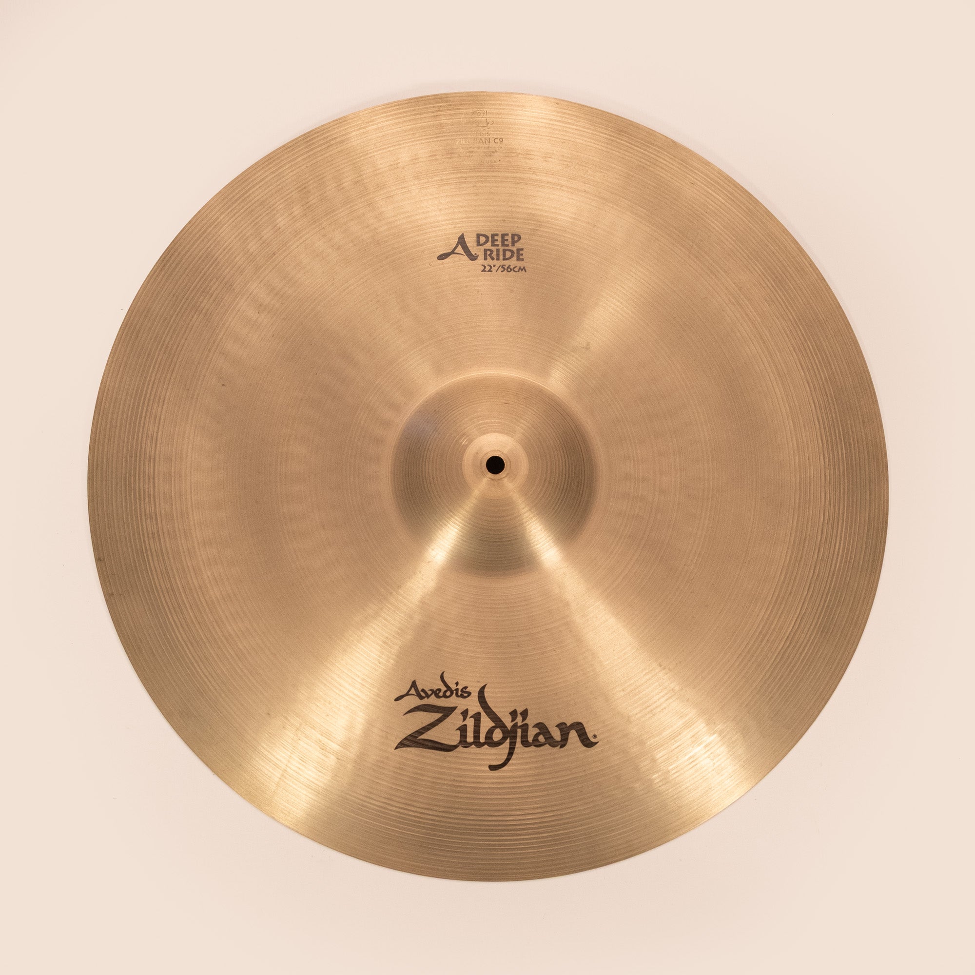 Zildjian Avedis 22-inch Deep Ride cymbal, vintage re-issue, showing its textured surface and classic lathing details.