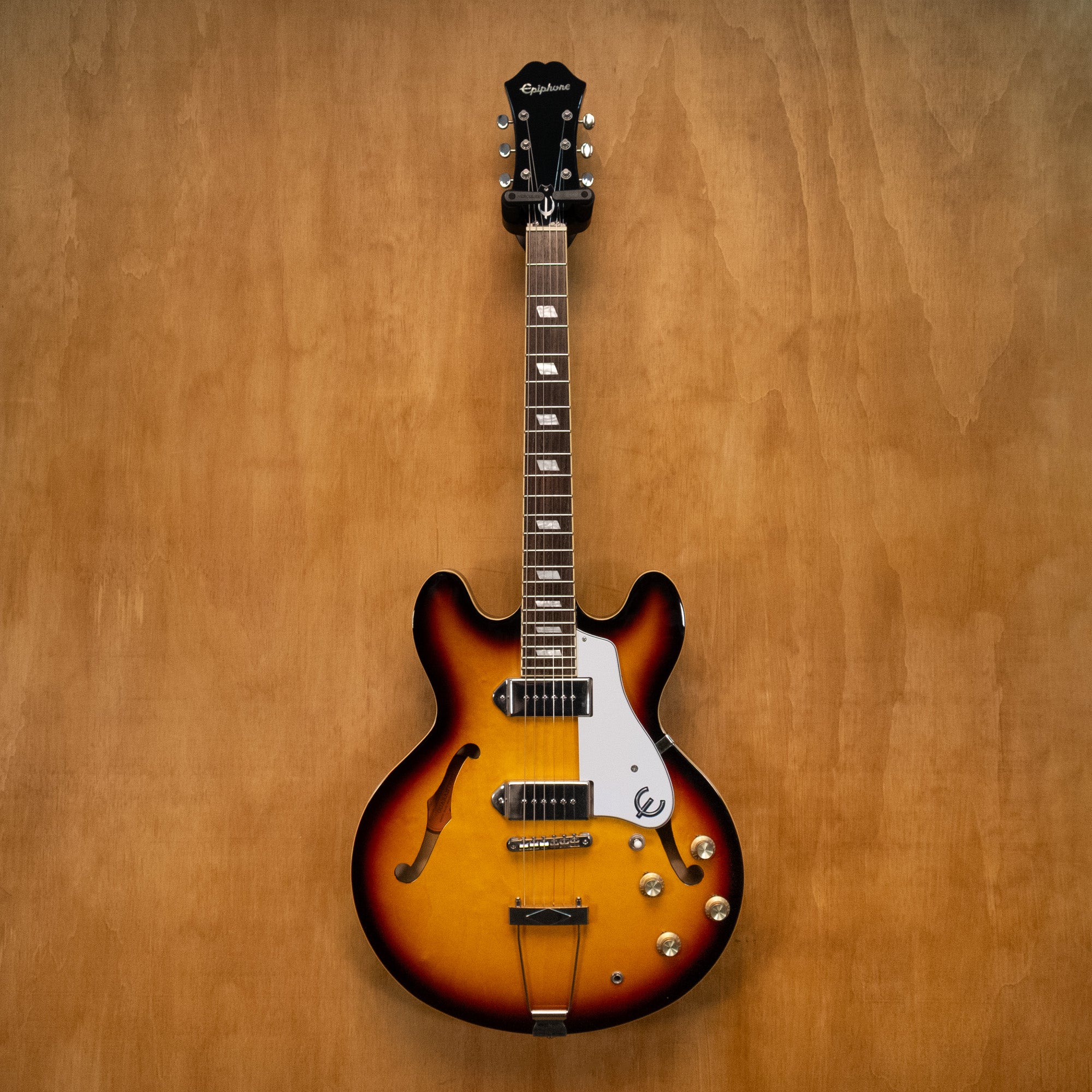 Epiphone Casino electric guitar in vintage sunburst finish, shown with its hollow body and classic design from 2016.