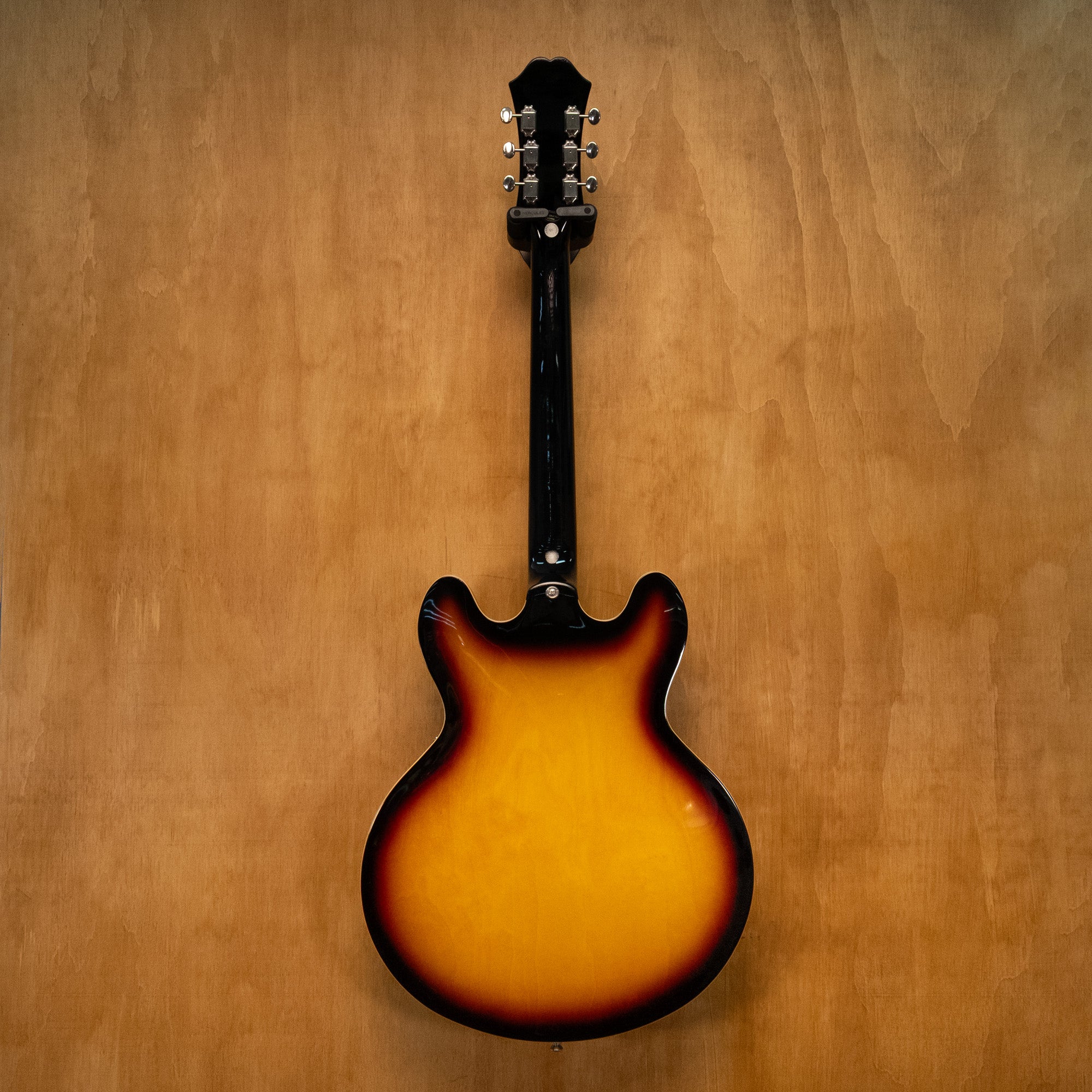 Epiphone Casino electric guitar in vintage sunburst finish with double cutaway body and humbucking pickups, from 2016 model.