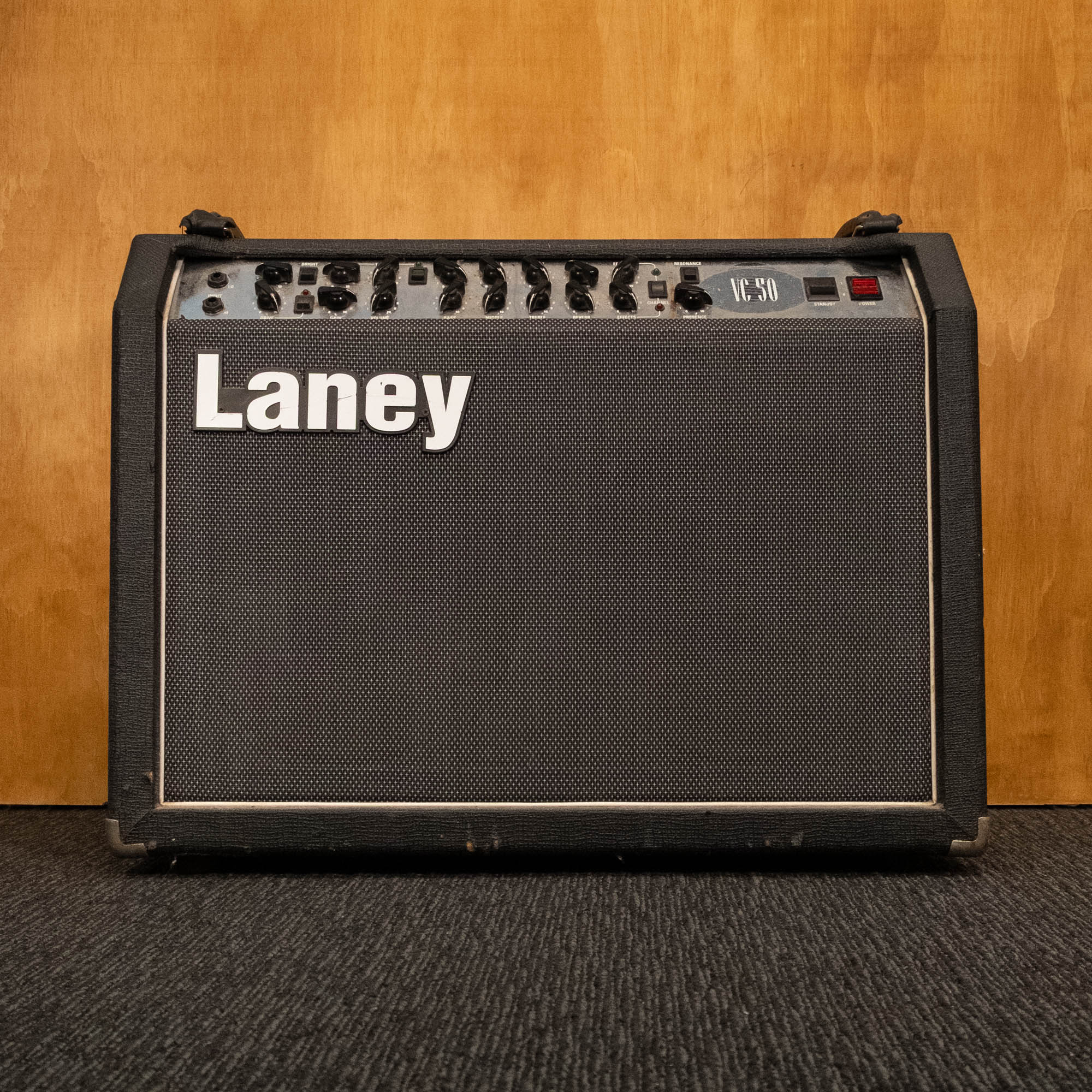 Laney VC-50 Tube 2x12 guitar amplifier combo with control knobs and speaker grille, shown in a close-up view.