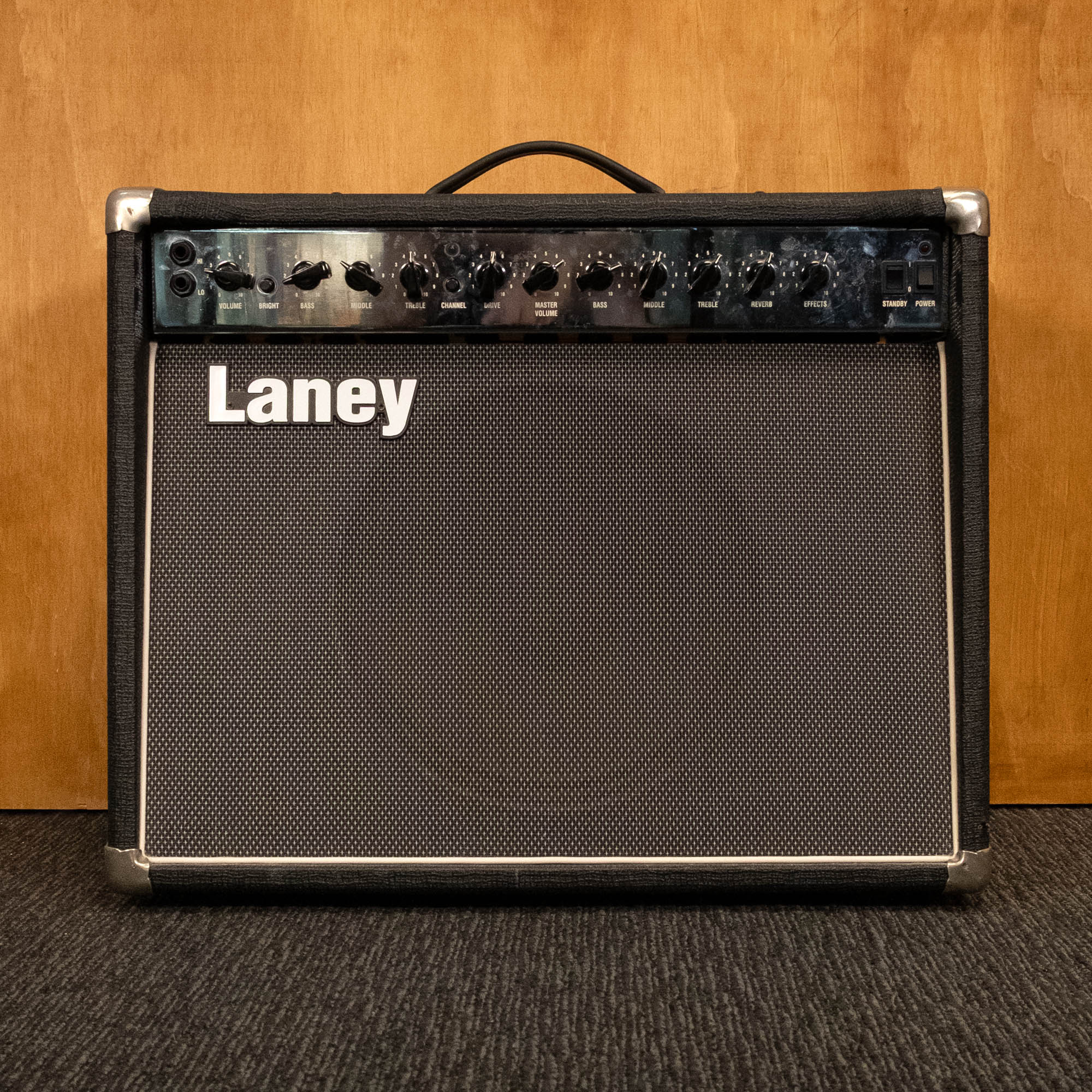 Laney LC30 tube guitar amplifier combo with control knobs and speaker grille, showcasing the vintage-style design and brand logo.